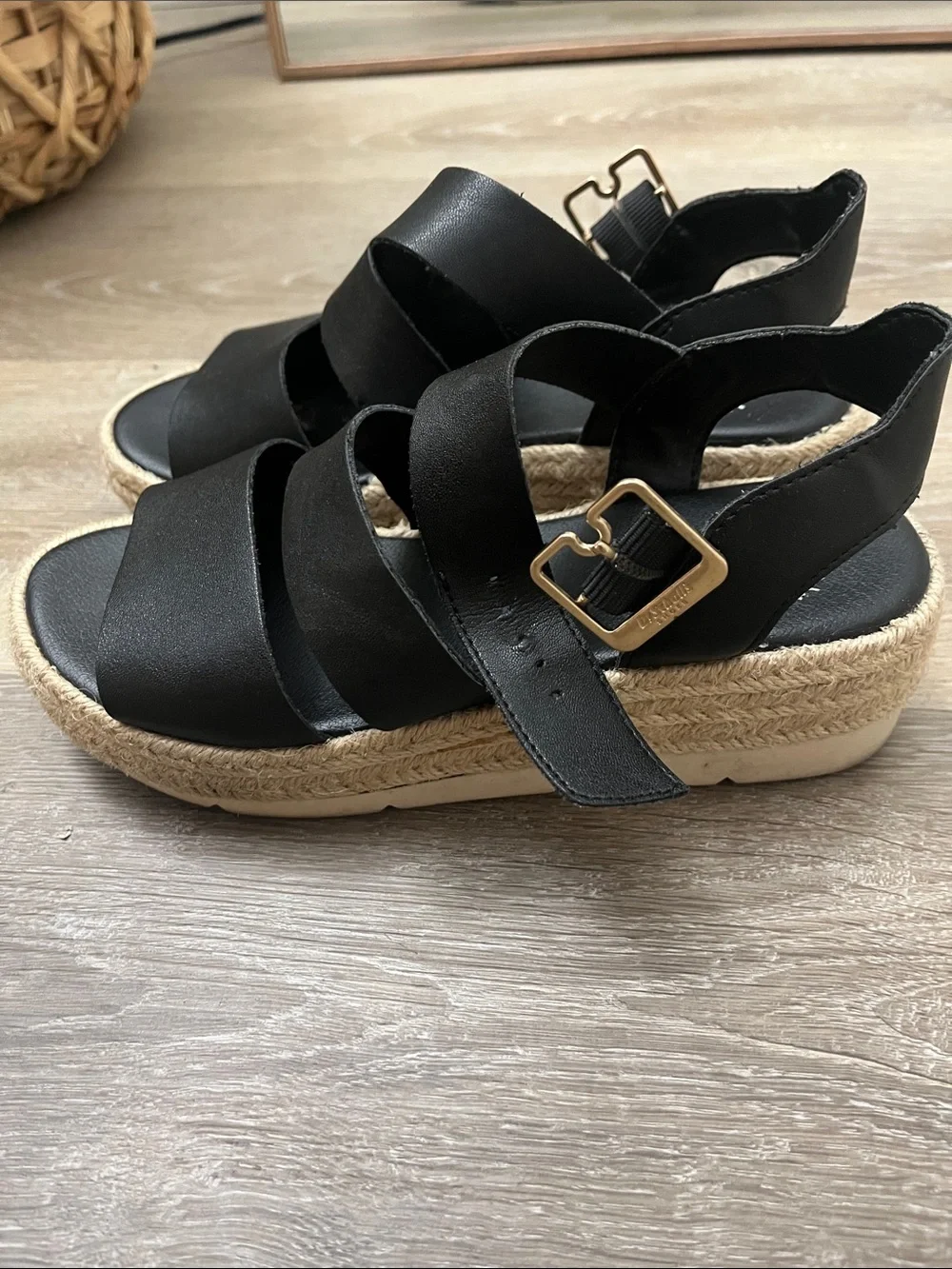 Black Strappy Espadrille Wedge Sandals with Gold Buckles